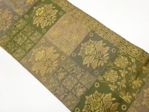 格子に花唐草・草花模様織出し名古屋帯